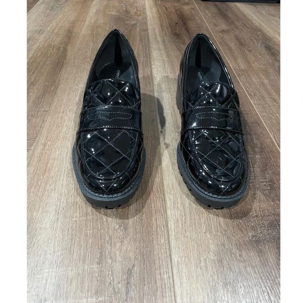 Marc Fisher Dantea Black Patent Leather Quilted Lug Sole Loafers Women Size 8.5M